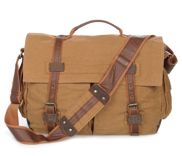 9009B Casual And Fashion Canvas And Leather Travel Shoulder Bag Schoolbag Hiking Brown Color