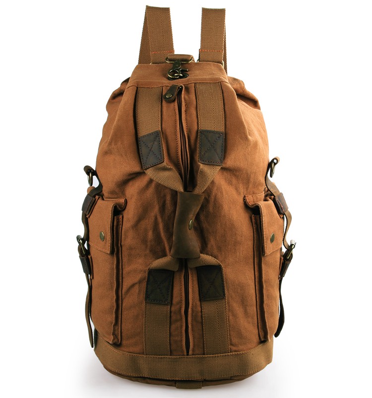 9019B Vintage Style Canvas And Leather Men's Brown Travel Backpack Schoolbag Book Bag